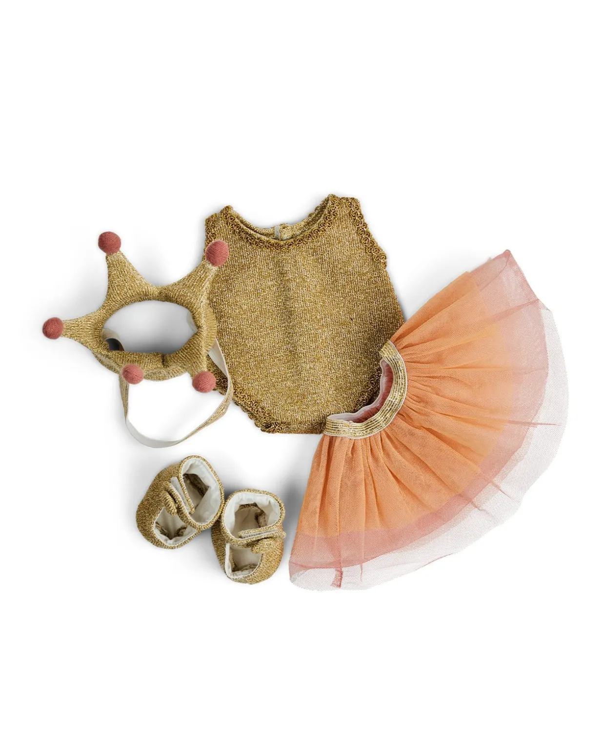 Dukketøj, prinsesse skørt, body, sko og krone