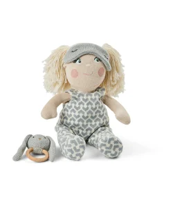 Dukketøj, sparkedragt med sovebriller og kaninrangle