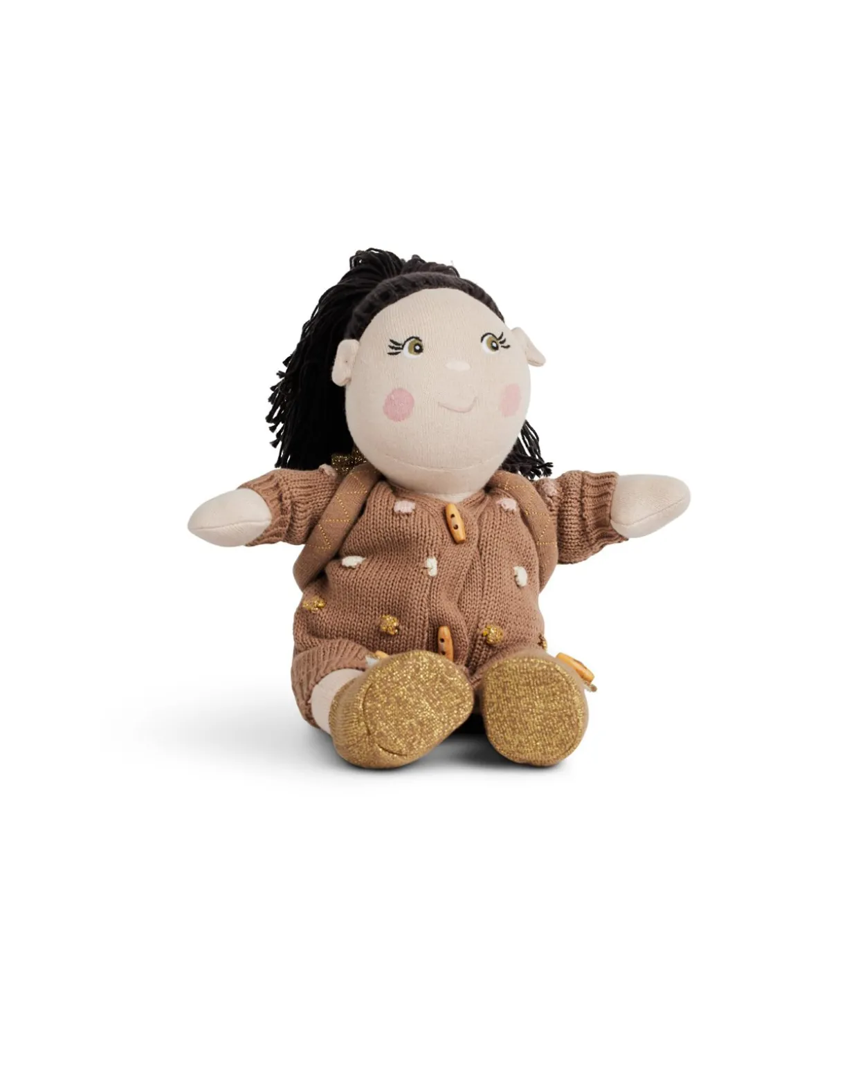 Dukketøj, strikket cardigan, sko og rygsæk